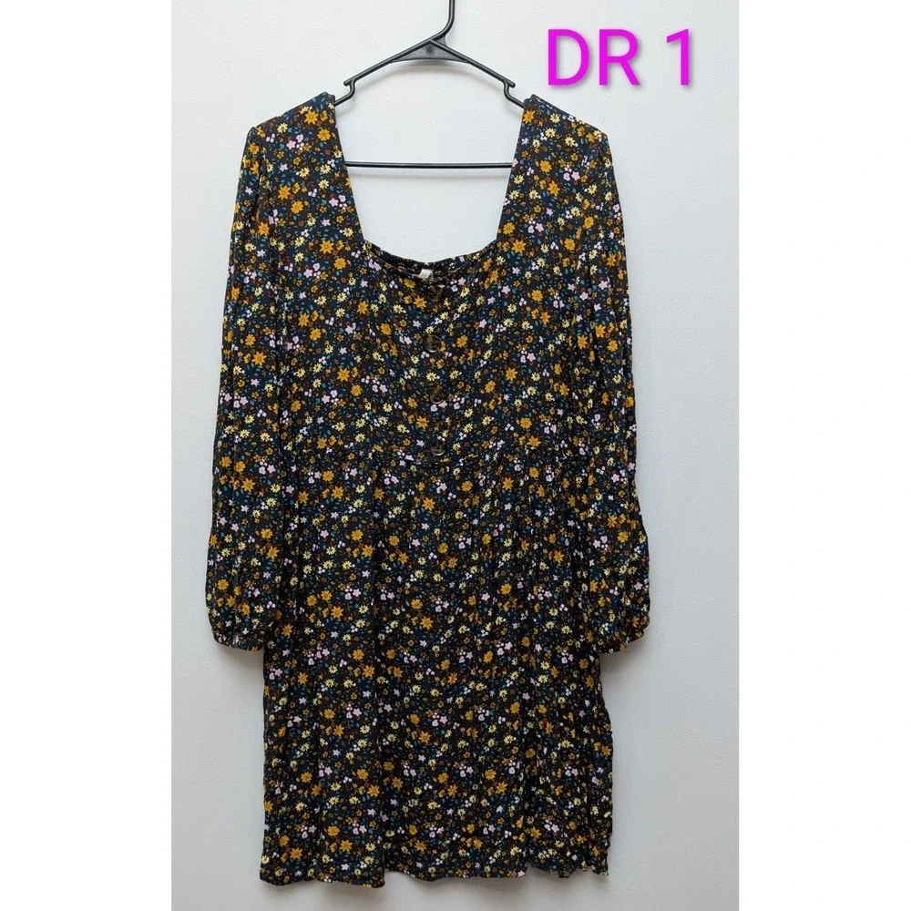 DR1 Mudd Blue Floral Long Sleeve Ruched Back Babydoll Peasant‎ Dress Sz XXL